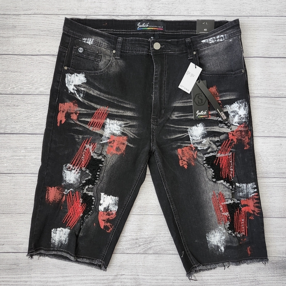 Black and Red Splatter Paint Distressed Men's Biker Shorts (Size 40 & 42)